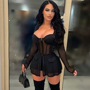 💥Sexy Women's Sheer Mesh 2 Pieces  Zip Up Long Sleeve Shirt Dress Shorts Set💥